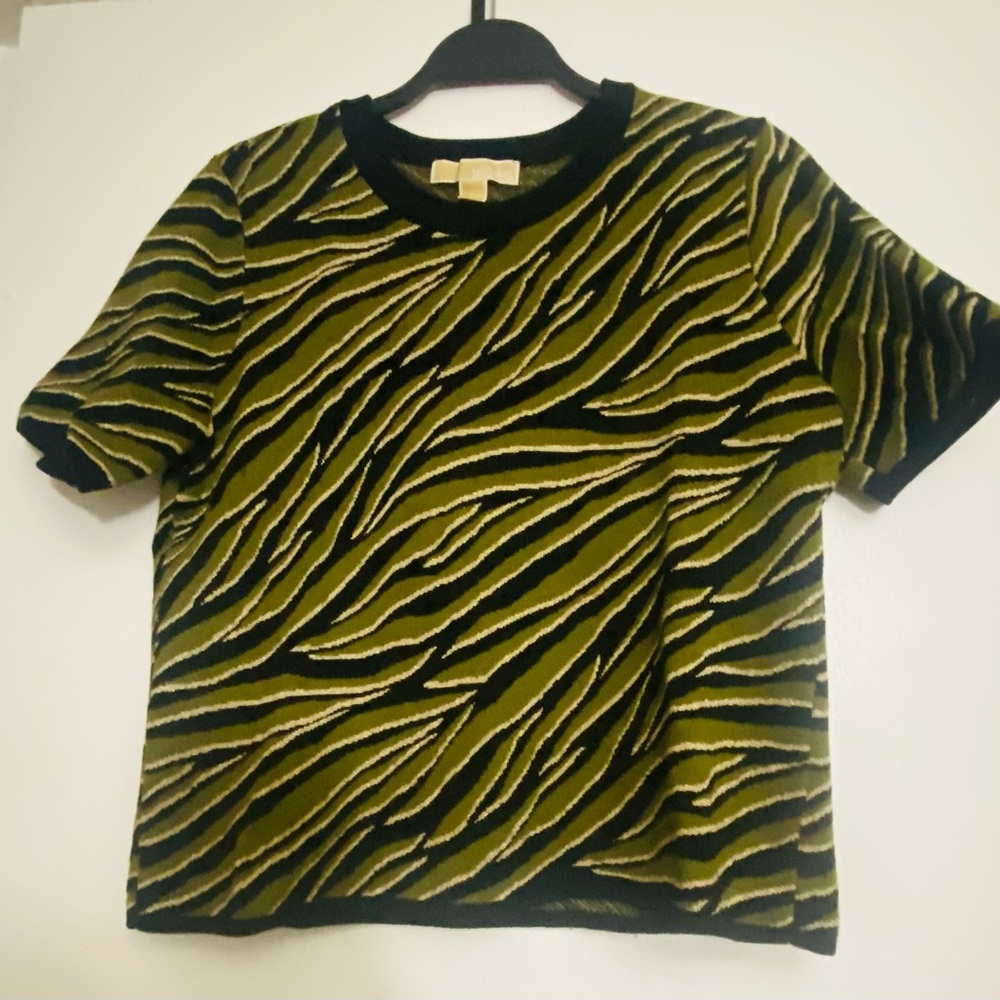 Michael Kors Green and Black Zebra-Stripe Knit Top and black/gold earrings